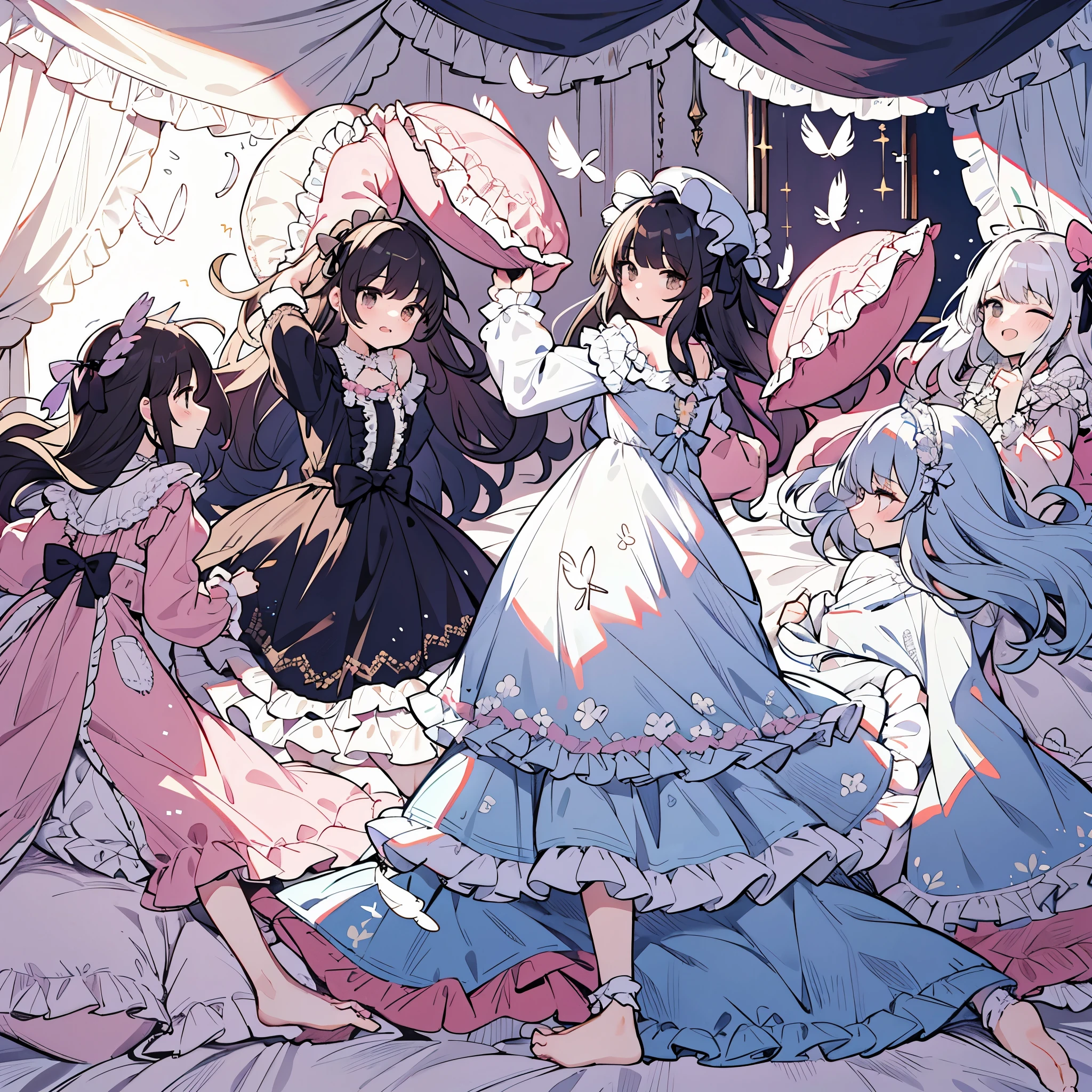 ,pajama party,happy girls,(pillow fight on the bed),((Girls holding pillows),(Many small feathers flutter)),((A long-sleeved, long-skirted nightgown with frills and ribbons)),ta style fashion,On a huge, wide canopy bed,Many frilly pillows on the bed,Ruffled Bed Skirt,Frilled curtains around the bed,detailed face,