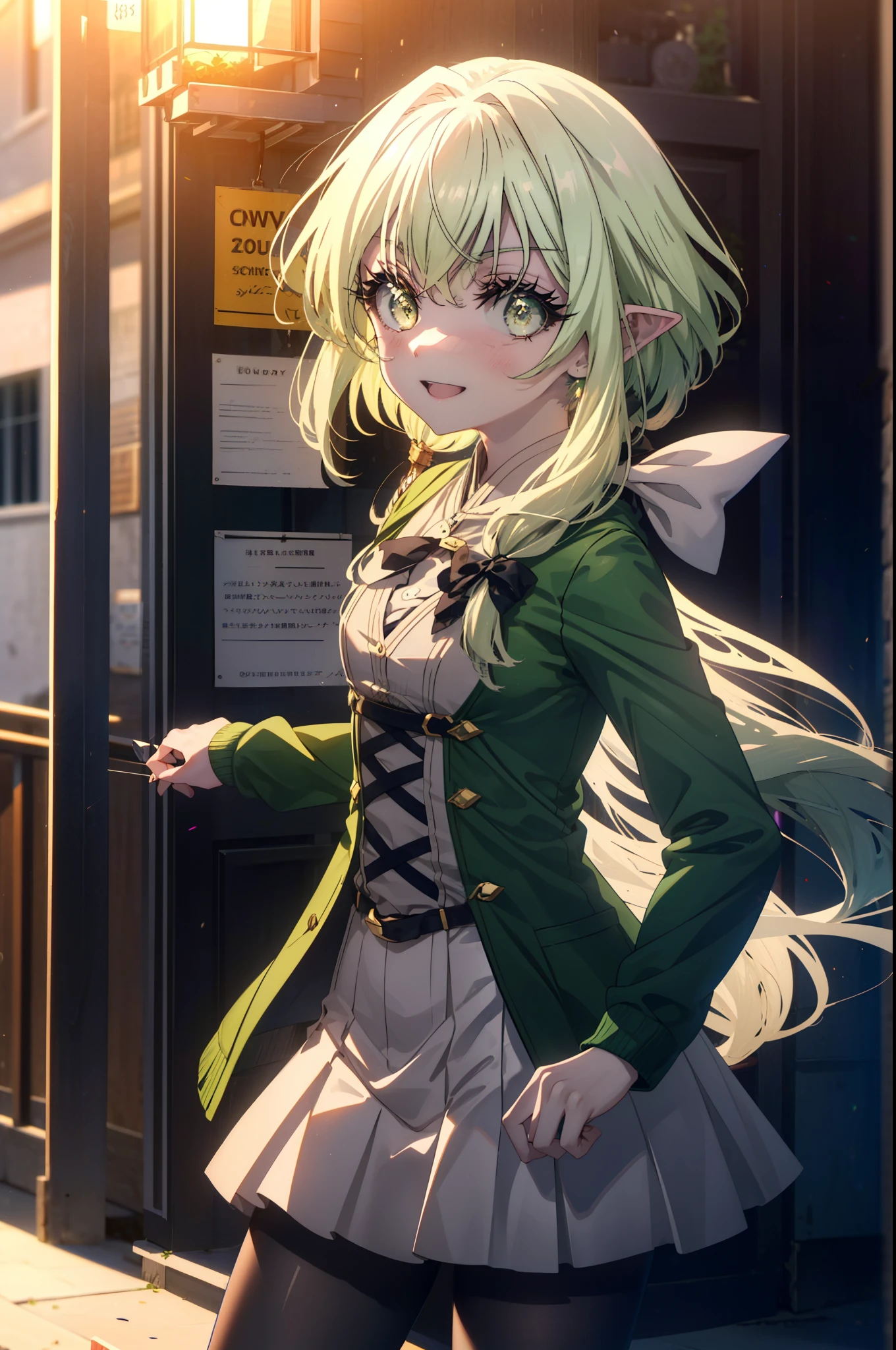 highgoblinarcher, high goblin archer, long hair, (green eyes:1.5), bow, hair bow, black bow, side lock, green hair, pointed ears, happy smile, smile, open your mouth,goblin,White Y-shirt,Green Blazer,Pink cardigan,Green pleated skirt,white pantyhose,brown loafers,walking,sunset,evening,The sun is setting,
break outdoors, In town,building street,
break looking at viewer, (cowboy shot:1.5),
break (masterpiece:1.2), highest quality, High resolution, unity 8k wallpaper, (figure:0.8), (detailed and beautiful eyes:1.6), highly detailed face, perfect lighting, Very detailed CG, (perfect hands, perfect anatomy),