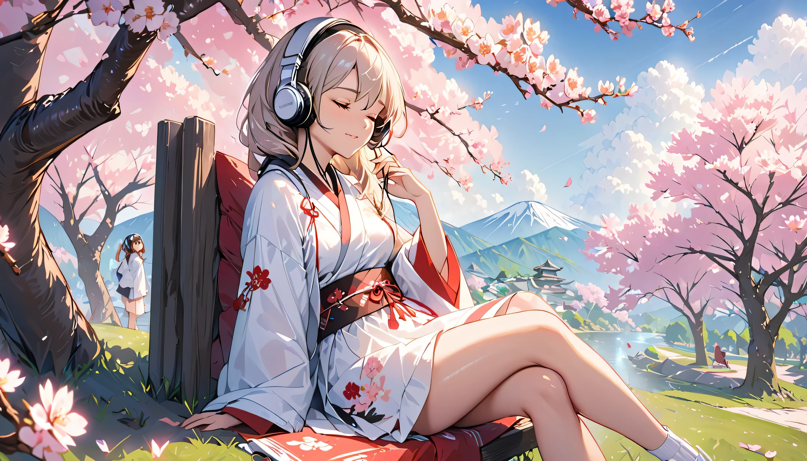 ((best quality)), ((masterpiece)), (detailed), perfect face, sitting under the cherry blossom tree, listening to music, One woman, wearing headphones, eyes closed, underwear visible