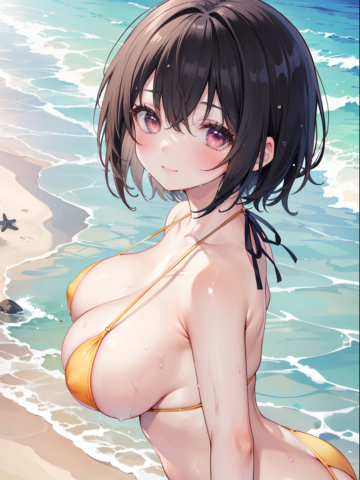 ((highest quality, High resolution,  perfect pixel, written boundary depth, 4k)), 1 girl,  beautiful anime girl, 
 
perfect body, 
, 
huge breast, short hair, dark hair, 

yellow micro bikini, 
(blush:1.2), wet hair, wet body, 
smile, 
in beach,
from side, 