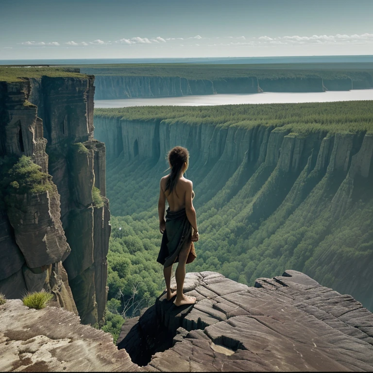 Image 1: A lone figure standing on the edge of a cliff, overlooking a vast expanse of untamed wilderness, their spirit connected to the ancient rhythms of nature.