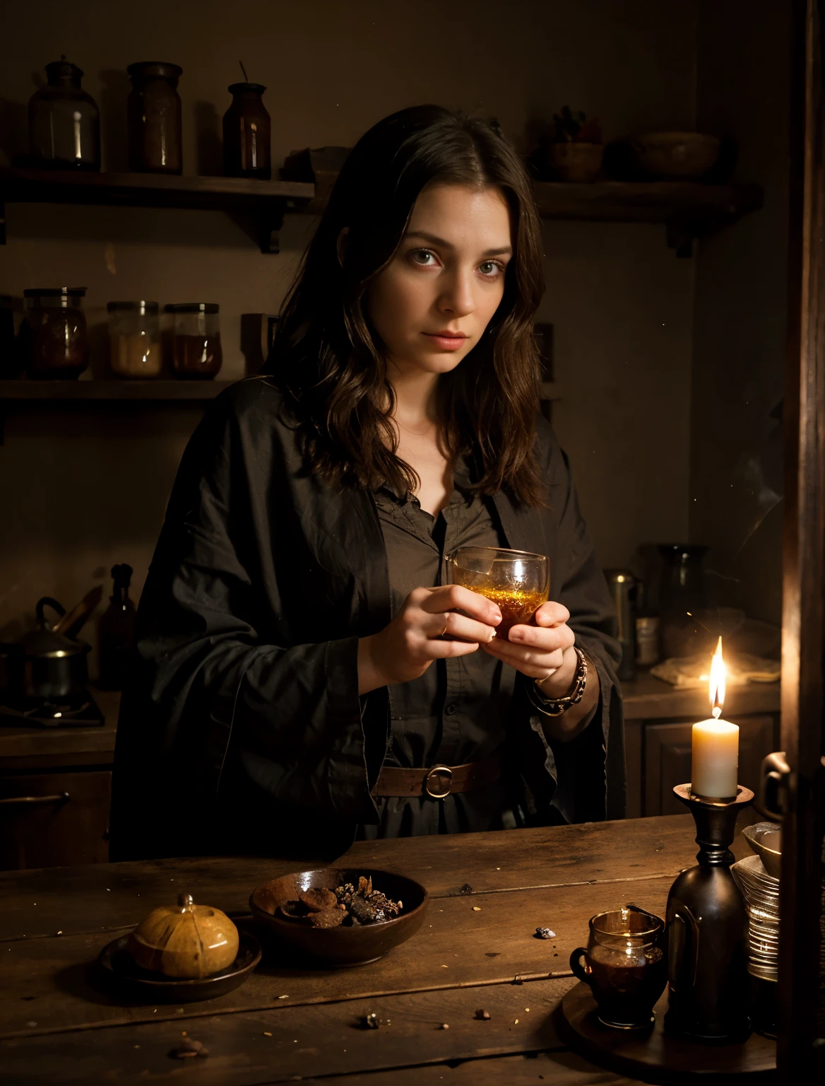 In the image, a person is standing in front of an old wooden table, illuminated by flickering candles. The person is wearing a dark cloak and is focused on preparing a magic potion. On the table, there is a variety of exotic ingredients in colorful glass jars, such as salamander eyes, bat wings, and mandrake roots. The person holds a bronze cauldron over a flickering fire, while mixing the ingredients with a wooden spoon. The steam from the potion rises into the air, creating a mysterious and enchanted atmosphere. In the background, a shelf is filled with ancient books and magical artifacts, completing the scene of witchcraft and magic., photo