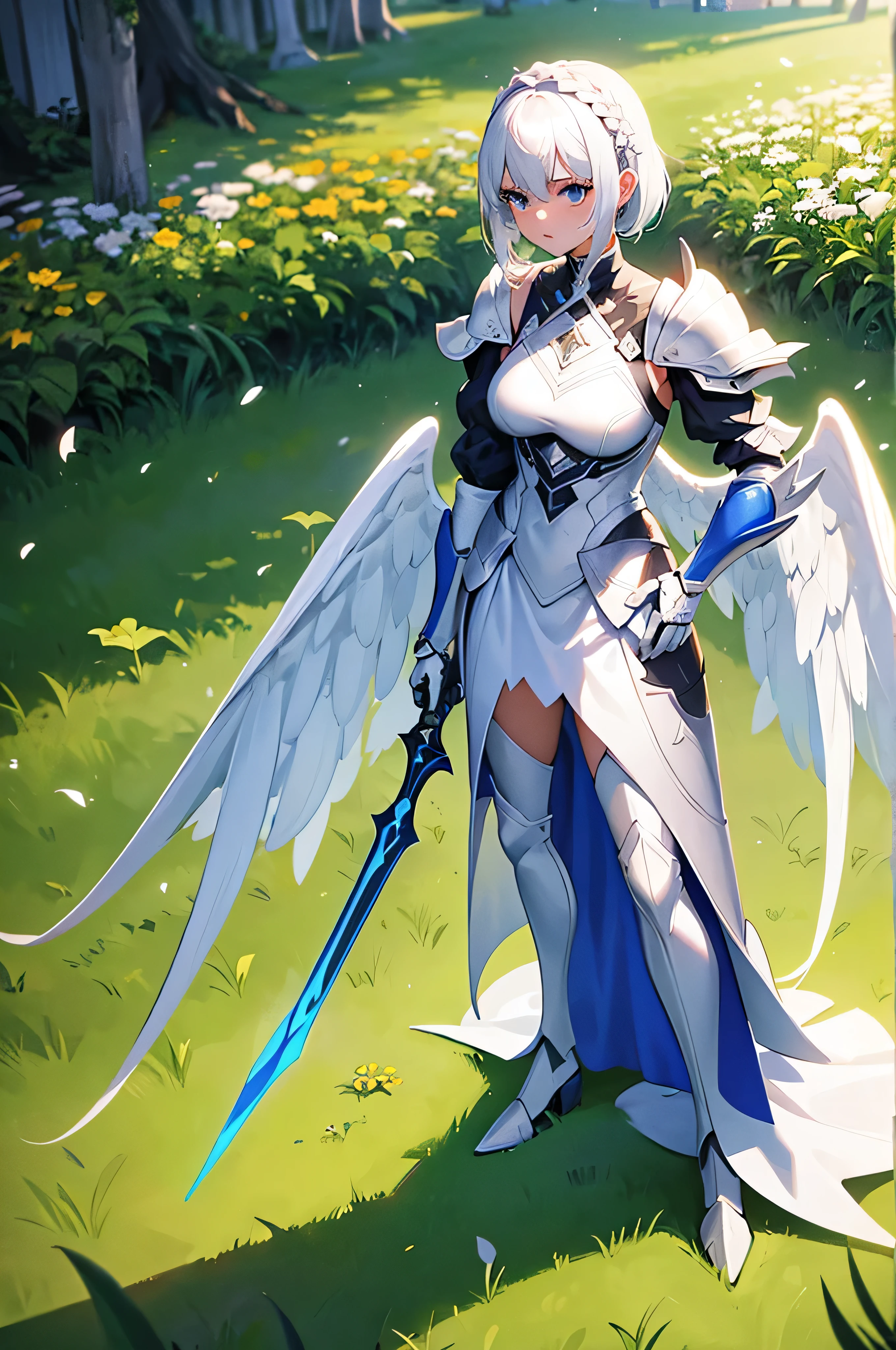 one girl, with white hair, wearing a suit of white and gold armor, with a spear in her hand, with large wings on her back, stand in a sun lit meadow,
