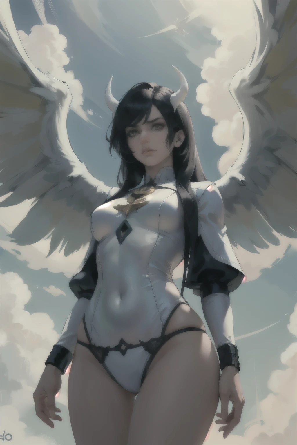 ((obra maestra, Mejor calidad)), Lucifer the fallen angel, muy guapo, cabello rubio y mediano, delgado, enormes y hermosas alas en su espalda, vistiendo ropa blanca, spiteful expression, mirando al espectador, Nubes doradas en el fondo
