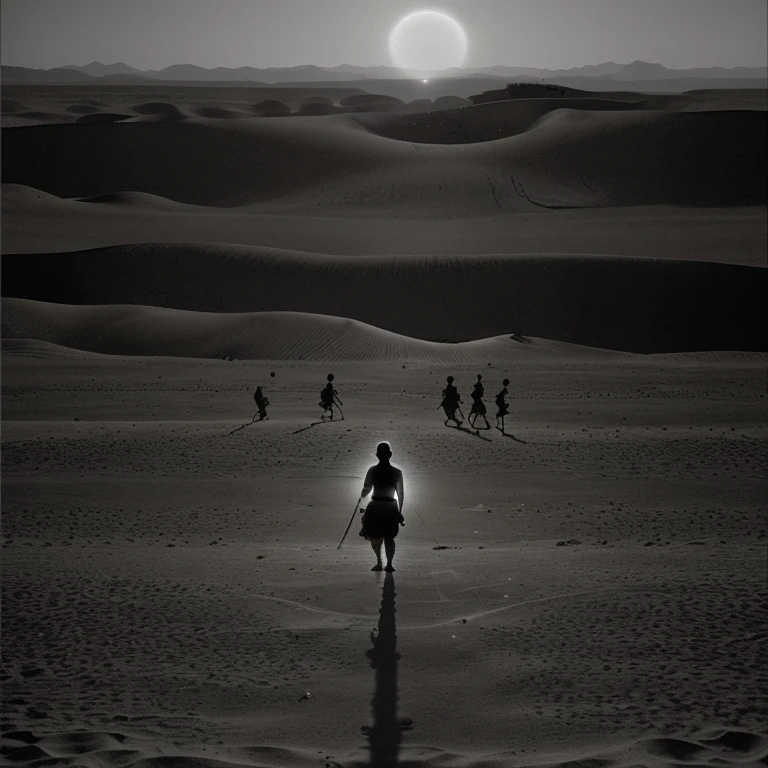 Image 2: The silhouette of a tribe marching across a barren desert, their footsteps echoing the heartbeat of a civilization lost in time.