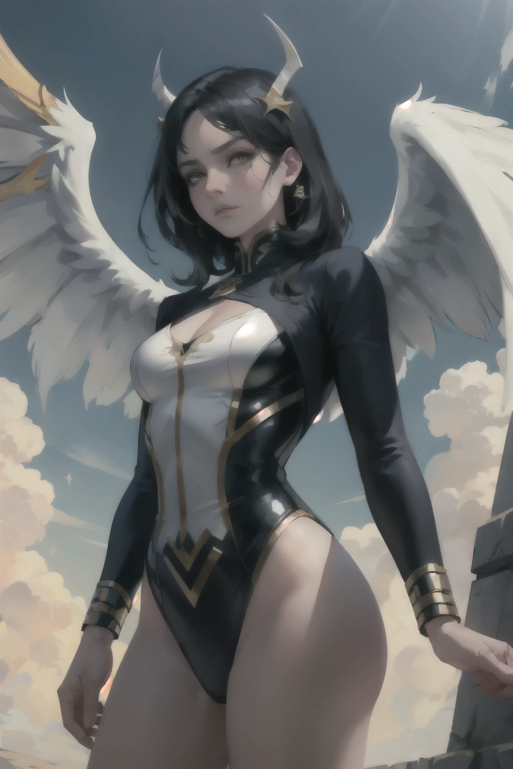 ((obra maestra, Mejor calidad)), Lucifer the fallen angel, muy guapo, cabello rubio y mediano, delgado, enormes y hermosas alas en su espalda, vistiendo ropa blanca, spiteful expression, mirando al espectador, Nubes doradas en el fondo