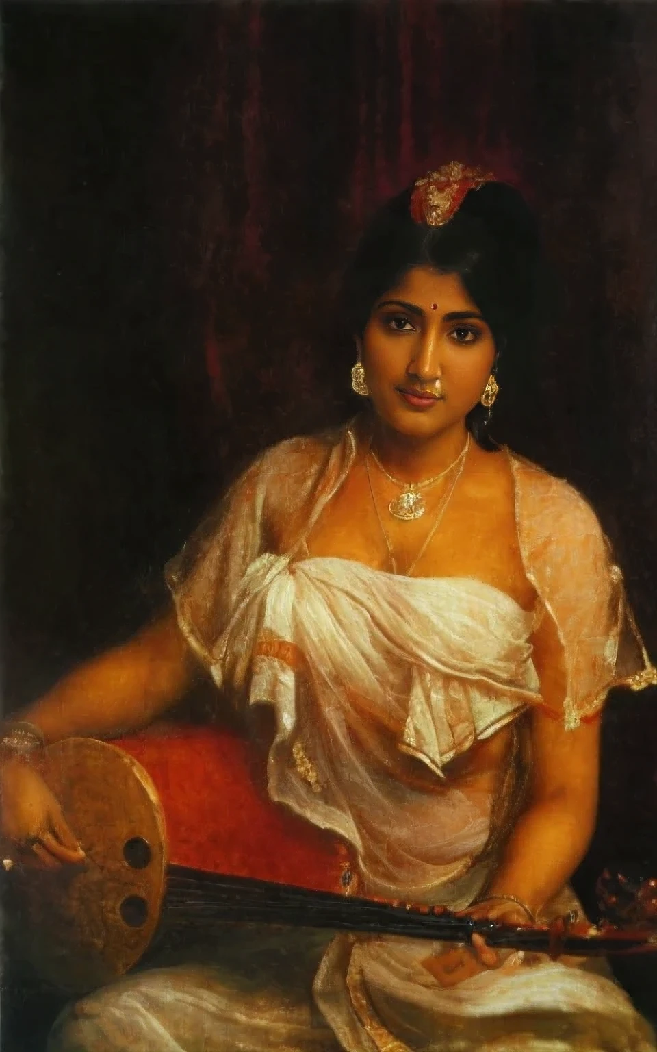 A renaissance full body portrait of middle aged Indian Woman playing Veena, Sitar, detailed skin, topless with a dark room background, ((sensual erotica)), (White Transperant Saree), nipples seen in See through saree, (lusty expression), detailed cleavages, ((detailed Indian string Musical Instrument Swarbat)), (detailed beautiful face and eyes:1.3), (perfectly drawn fingers), (in the style of renaissance painting by Raja Ravi Varma), Hallo in the back, detailed outline of , Highly detailed, Intricate, Sharp focus, detailed pussy, art by greg rutkowski, Raphael, Beautifully lit, oil painting aesthetic, Deep big cleavages, joseph ducreux, oil on canvas portrait, hyper realistic, portrait photo by agnes cecile, Perfectly drawn fingers, detailed revealing breasts, Renaissance portrait, fine art, 4K UHD, wearing revealing clothes, high contrasts, (Vintage Portrait)