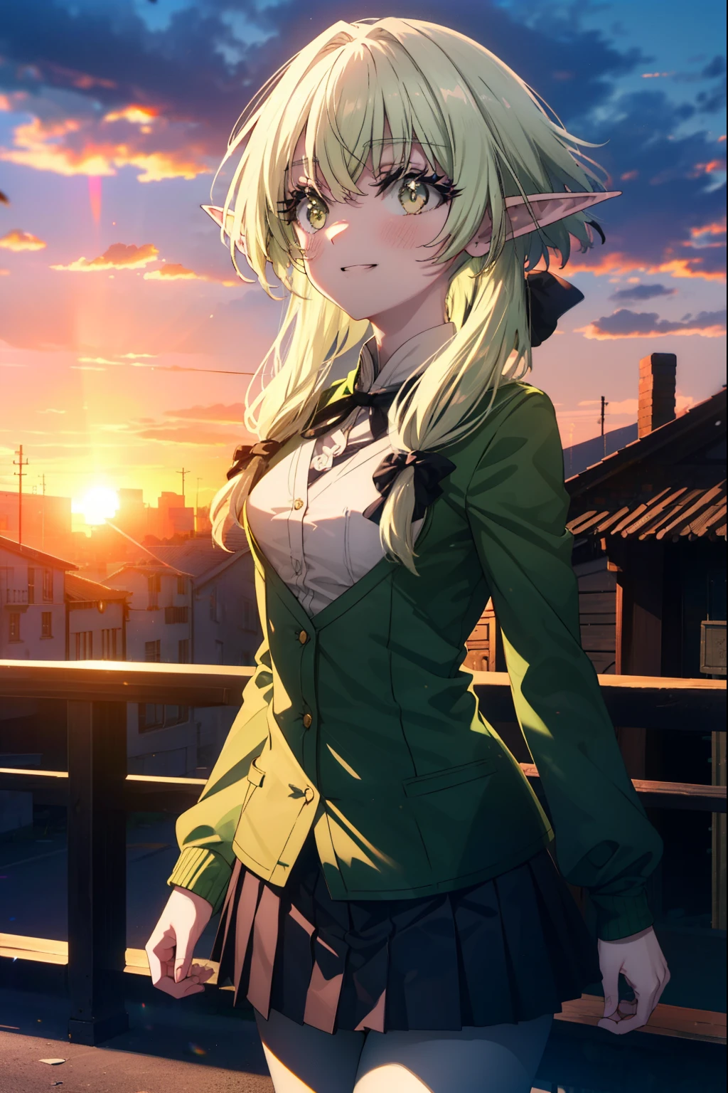 highgoblinarcher, high goblin archer, long hair, (green eyes:1.5), bow, hair bow, black bow, side lock, green hair, pointed ears, happy smile, smile, open your mouth,goblin,White Y-shirt,Green Blazer,Pink cardigan,Green pleated skirt,white pantyhose,brown loafers,walking,sunset,evening,The sun is setting,
break outdoors, In town,building street,
break looking at viewer, (cowboy shot:1.5),
break (masterpiece:1.2), highest quality, High resolution, unity 8k wallpaper, (figure:0.8), (detailed and beautiful eyes:1.6), highly detailed face, perfect lighting, Very detailed CG, (perfect hands, perfect anatomy),