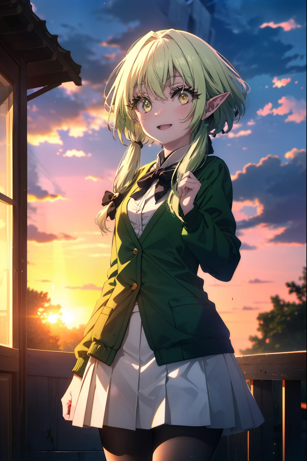highgoblinarcher, high goblin archer, long hair, (green eyes:1.5), bow, hair bow, black bow, side lock, green hair, pointed ears, happy smile, smile, open your mouth,goblin,White Y-shirt,Green Blazer,Pink cardigan,Green pleated skirt,white pantyhose,brown loafers,walking,sunset,evening,The sun is setting,
break outdoors, In town,building street,
break looking at viewer, (cowboy shot:1.5),
break (masterpiece:1.2), highest quality, High resolution, unity 8k wallpaper, (figure:0.8), (detailed and beautiful eyes:1.6), highly detailed face, perfect lighting, Very detailed CG, (perfect hands, perfect anatomy),