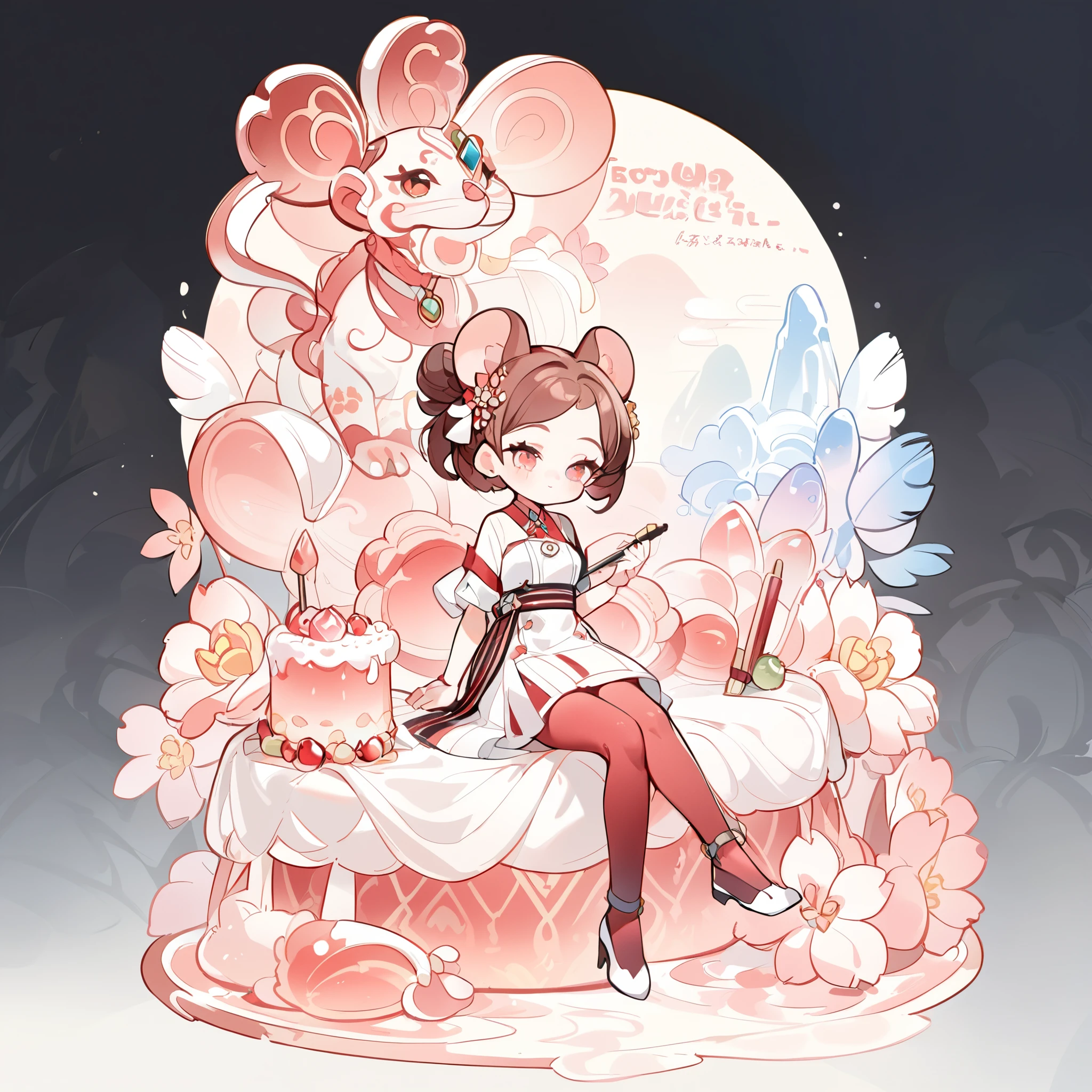 Front sitting posture，super high quality，Depth of detail，Q version three-headed body、Mouse ears，transparent watercolor、girl、jewel eye、Beautiful arrangement and theme、Writing limit depth、Flat avatar, 1girl, （short brown hair）， hair tip white,Fashionable design clothing(red and white)),background white、 可爱的girl, modest dress, Sakura pantyhose