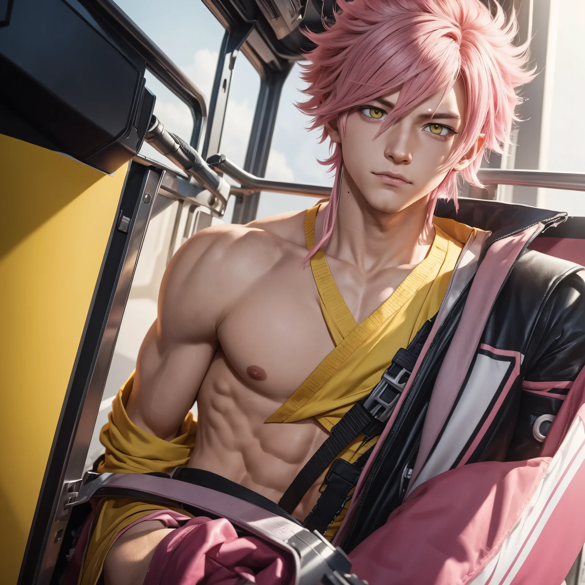 cute 16 year old boy with pink hair is kneeling tied with golden ropes