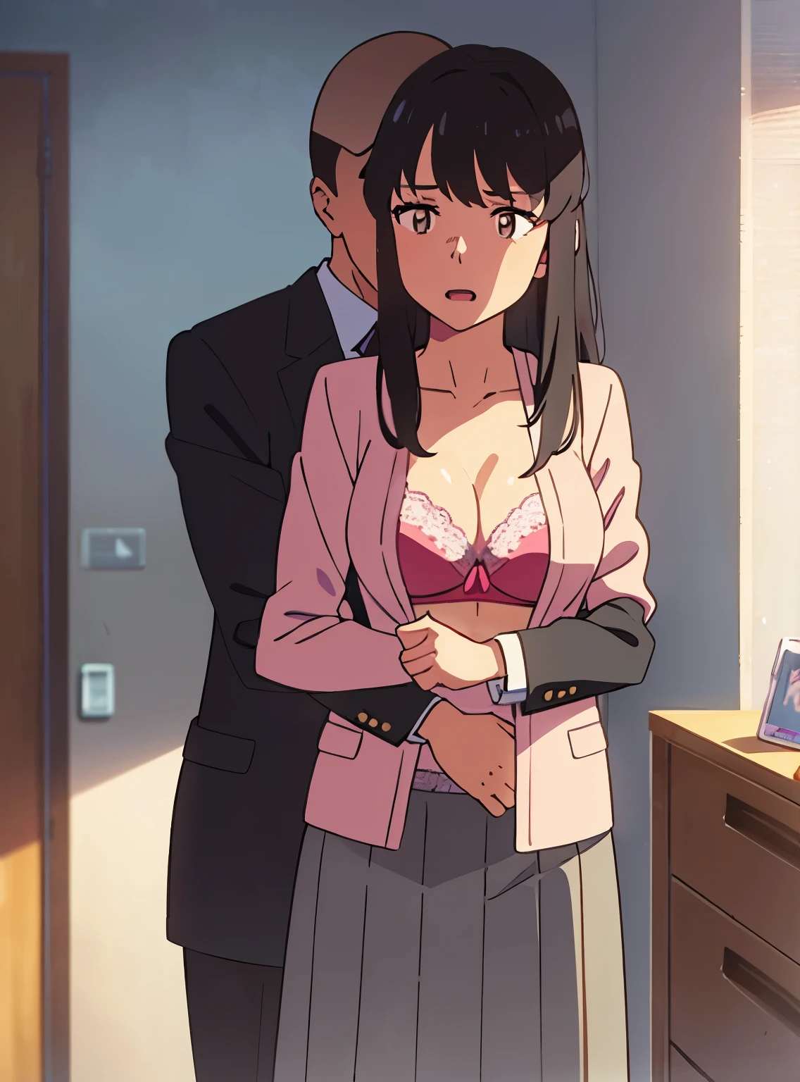 shinkai makoto, kimi no na wa., 1boy, buzzcut,office suit, boy caressing girl's body, kiss cheeks, passionate hug, boy is hugging from behind, breast groping from behind, 1girl, bangs, black hair, open mouth, brown eyes, Twisted Half Up, red ribbon, long hair, yellow blouse, open shirt, unbuttoned shirt, pink bra, cleavage, breast, medium breast, long gray skirt, storage room, indoors, masterpiece, perfect anatomy, cowboyshot