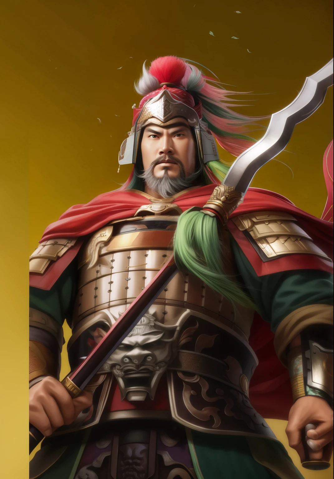 A man holding a sword、Close-up of a man with green hair, Guan yu, bian lian, Inspired by Hu Zaobin, Three Kingdoms of China, Inspired by Li Kan, hua cheng, Inspired by Huang Shen, , from the three kingdoms, feng shu, Chinese warrior, xianxia hero, emperor, Inspired by Huang Ding, Inspired by Dong Yuan