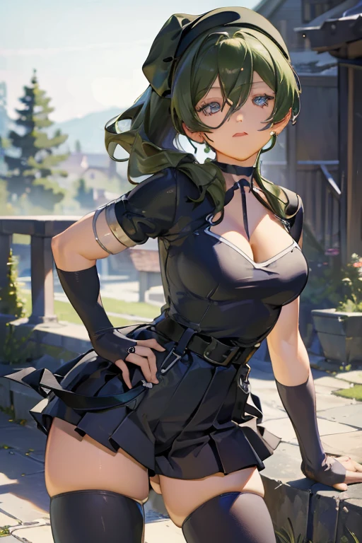 ((1 girl)),(best quality, highres, masterpiece:1.2), ultra-detailed, (realistic:1.37) illustration, erotic style, soft lighting, sweat glistening on her body, gentle warmth, mysterious, ubel,dark green hair,long hair,side ponytail,hair between eyes,bangs, (beret, black jacket, open clothes, cleavage, midriff, black shorts, black thighhighs, thigh strap, fingerless gloves, single glove:1.2), blurry background, pose, hand on hip, (masterpiece:1.2), best quality, high resolution, unity 8k wallpaper, (illustration:0.8), (beautiful detailed eyes:1.6), extremely detailed face, perfect lighting, extremely detailed CG, (perfect hands, perfect anatomy)