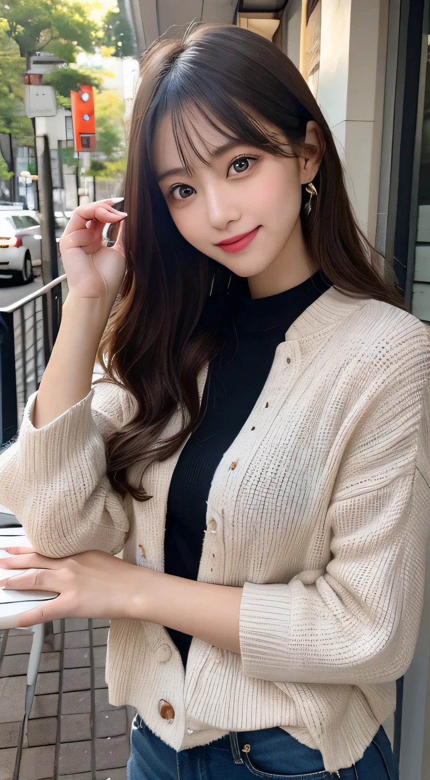 table top, highest quality, figure, Super detailed, finely, High resolution, 8k wallpaper, Perfect dynamic composition figure, detailed and beautiful eyes, Trendy women's fashion winter clothes,medium hair,small breasts natural color lip, bold sexy pose,smile,Harajuku、20 year old girl、cute、sexy shot looking at camera