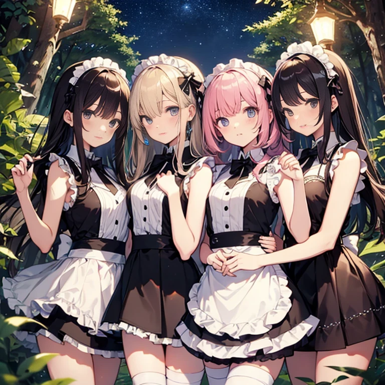 A group of maids, (in forest), various hair styles, harem, wearing maid uniform, night, details face, , short skirt, seducing, sleeveless , night, starry night 