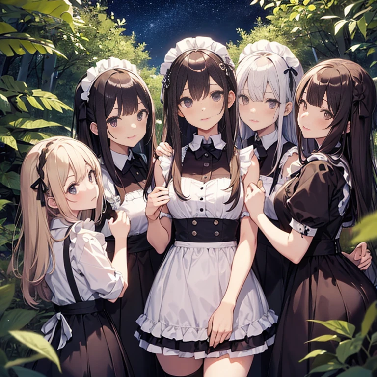 A group of maids, (in forest), various hair styles, harem, wearing maid uniform, night, details face, , short skirt, seducing, sleeveless , night, starry night 
