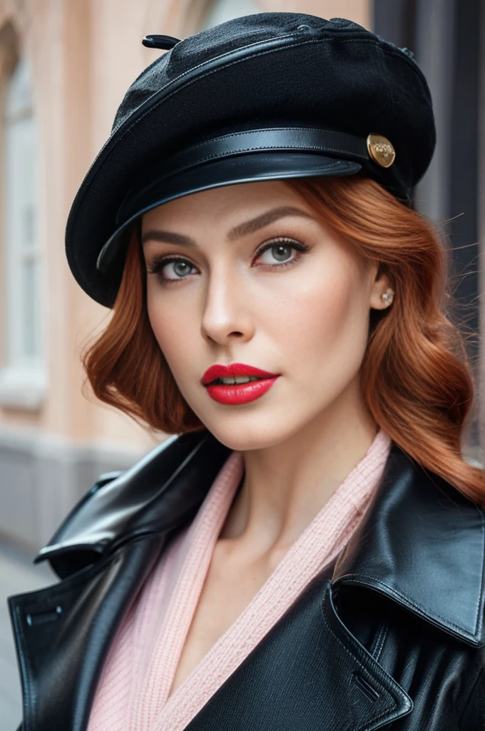 Masterpiece, best quality, (photorealistic:1.4)
A close-up portrait of a gorgeous, beautiful, stunning russian woman wearing a classy elegant outfit: a black belted double breasted leather trench coat, a pink scarf and a black newsboy cap. A redhead woman from Russia, delicate red lips, pastel pink skin tone, soft flawless pale skin, elegant make-up, red lipstick. Classy, elegant, sophisticated redhead woman, a majestic lady, dream beauty, ethereal beauty, angelical beauty, delicate, sensitive, tender, lovely, romantic, kind-hearted, femenine and strong, brave, determinated woman. Elegant look, flowing and glowing wavy ginger hair. She's making a photo book, posing for camera, professional photograph, editorial photograph, portrait photograph of a russian model.