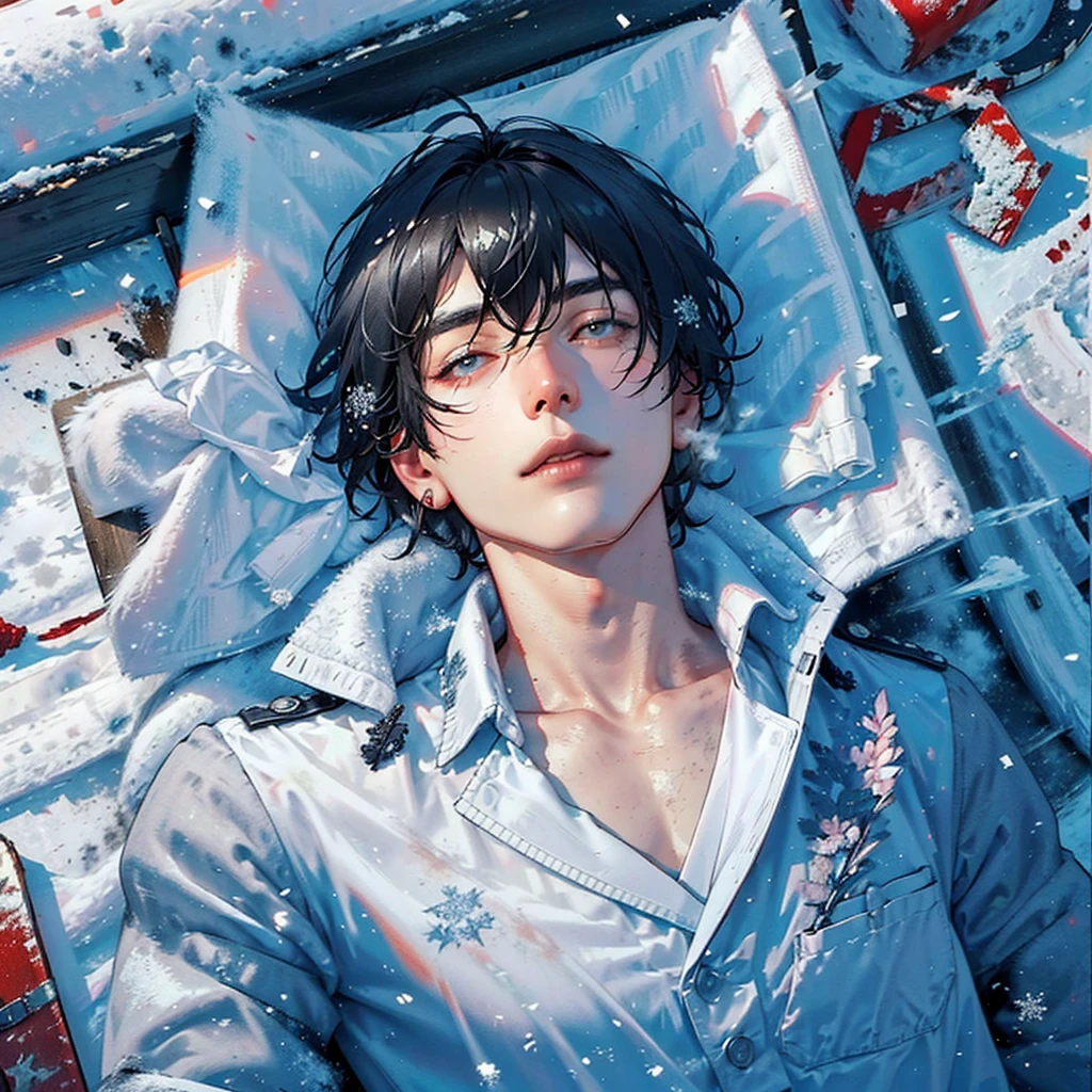 a black hair men lays on snow field with unbrothered facial expression, (unbrothered facial expression), (half-closed eyes), wear soldier hat, cool soldier uniform, snow sky, snowing sky, blood on snow field, cinematic lighting, cinematic high sky, magnificent men, handsome men, detail eyes, laying down on snow field, looks at the sky, masterpiece, best quality, detailed scenery, winter, detailed(light and shadow), modern soldier, (completely laying on snowfield), (he is laying down on snow), (look at the sky), (he looks at the sky), (Drone view), (Aerial view), (1men), (solo men), resting on snow, frosty, fost, snowflake, snow smoke, frosty, it's snowing 