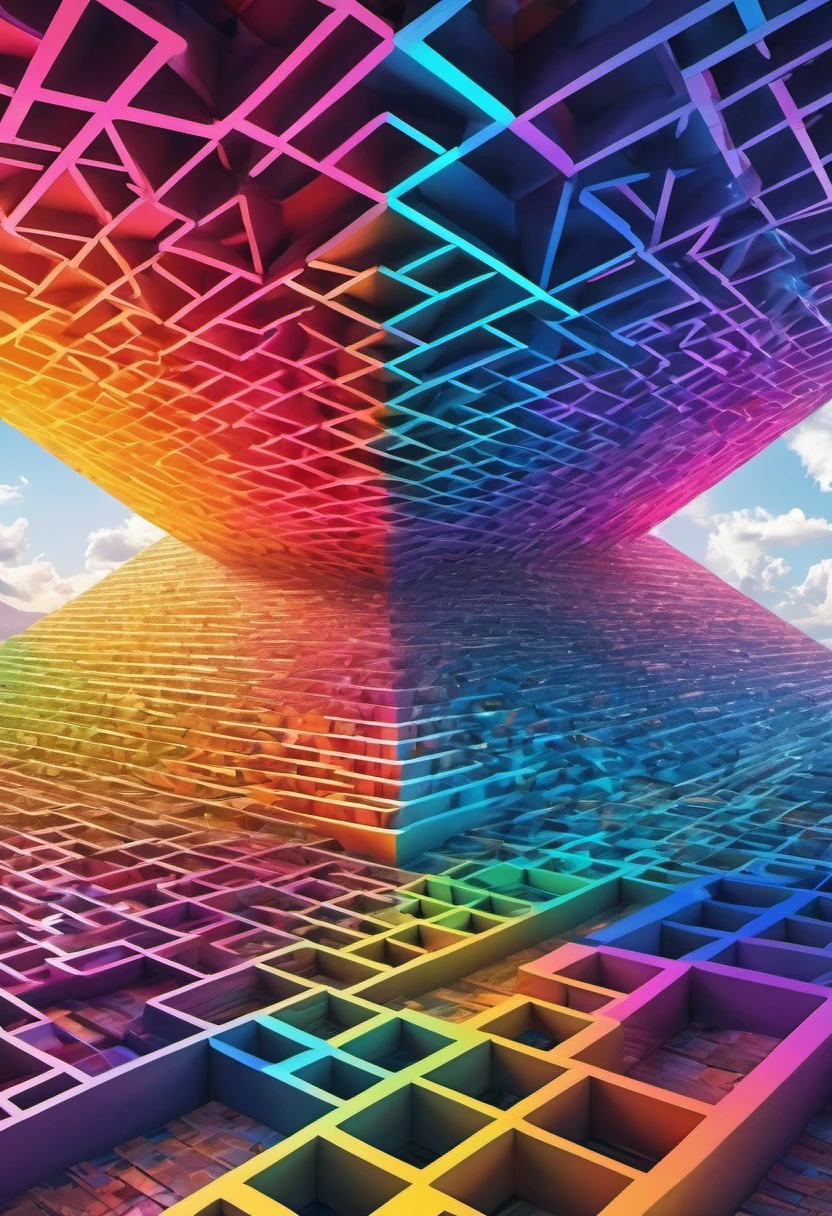 Huge geometric structure, abstraction, Three-dimensional structure, Light penetration, Colorful gradient, Surrealism, HD rendering, Seamless integration,Super detailed, high dynamic range, professional, bright colors, studio lighting,(((masterpiece))), ((best quality)), ((intricate details)), ((surreal))(8K)