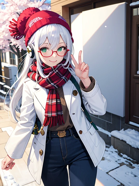 1girl, masterpiece, snow, white hair, green eyes, smiling, winter jacket, long pants, Beanie hat, hair accessories, wear headphone, scarf, glasses, Cherry blossom tree