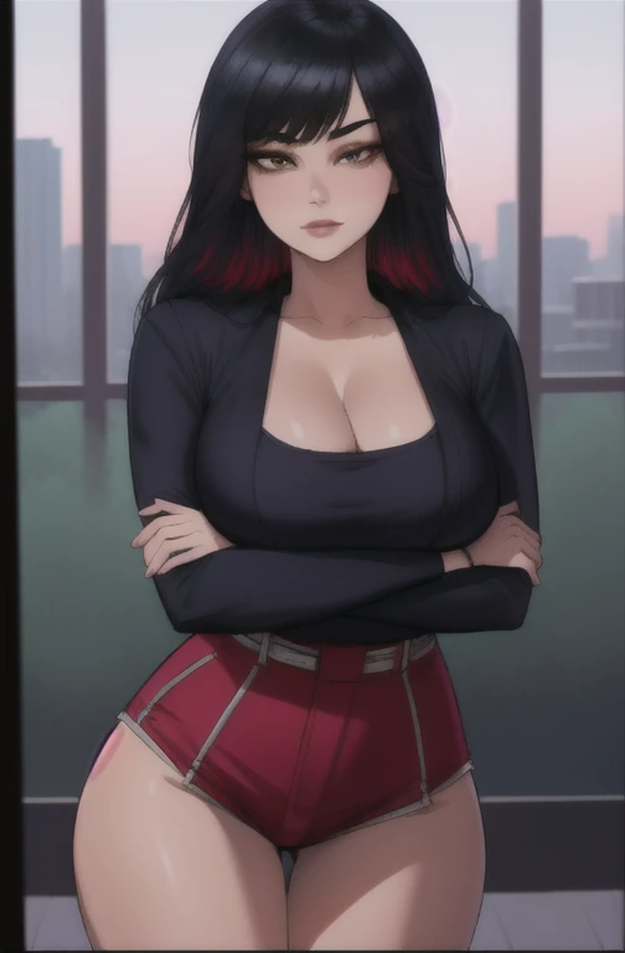 (Night:1.7), Japan, Tokyo, CityView, Before Window,
Standing at attention,crossed arms, 
Black_shirt, cleavage, Jeans,
 Black_hair,Long_hair,Brown_eyes,Bangs,
1 girl, 24yo,mature female,Beautiful Finger,Beautiful long legs,Beautiful body,Beautiful Nose,Beautiful character design, perfect eyes, perfect face,
looking at viewer, in the center of the image,
NSFW,official art,extremely detailed CG unity 8k wallpaper, perfect lighting,Colorful, Bright_Front_face_Lighting,
(masterpiece:1.0),(best_quality:1.0), ultra high res,4K,ultra-detailed,
photography, 8K, HDR, highres, absurdres:1.2, Kodak portra 400, film grain, blurry background, bokeh:1.2, lens flare, (vibrant_color:1.2)
(Beautiful,Large_Breasts:1.6), (beautiful_face:1.5),(narrow_waist),