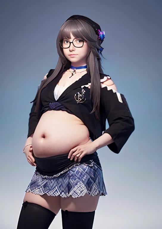(masterpiece, best quality, highly detailed), 1girls, big belly, blurry background, huge belly, art by kipteitei, round belly, chubby, curvy, simple_background, gradient_background, belly grab, enormous belly, fat belly, thicc, bigger belly, really big belly, jiggly belly, shirt covering belly, belly cover by shirt, glasses, mommy, casual clothes, skirt, thighhighs, ((full body)), long hair