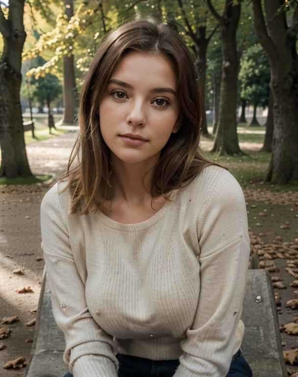 Un portrait réaliste d&#39;a thoughtful girl, cheveux blonds, corps parfait, gros seins sous un pull, leve son pull, assis sur un vieux, banc patiné dans un parc calme en automne, leaves scattered around&#39;elle, capturer les émotions nuancées de son visage alors qu&#39;elle regarde au loin, La photographie, pris avec un objectif portrait (85mm f/1.4) to highlight facial details and depth of field, utiliser la lumière naturelle pour une atmosphère chaleureuse et introspective