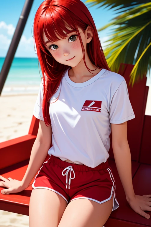 1girl, a girl as a lifeguard, sitting in the sun on a white lifeguard tower, plain white shirt, red shorts, 8k, professionally color graded, depth of field