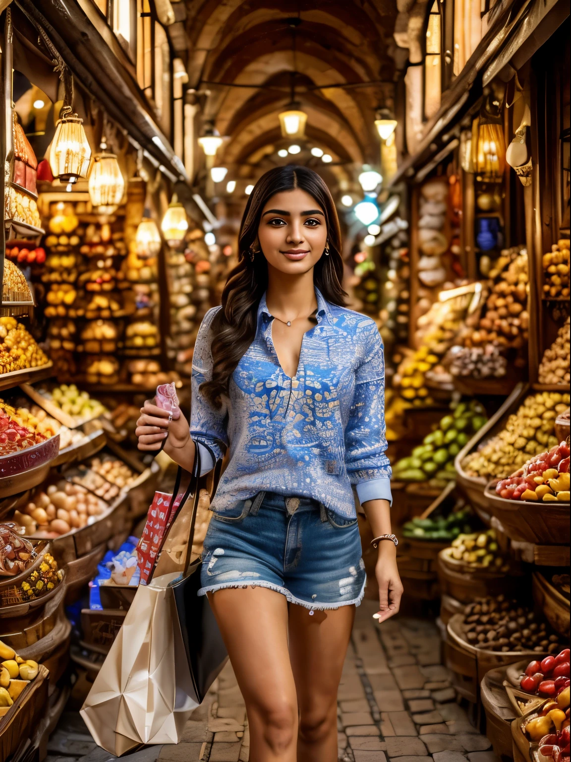 (8k, highest quality, ultra detailed:1.37), (Ecce), 18yo, (a fashionable young Turkish woman), explores the vibrant and bustling Grand Bazaar in Istanbul. She is dressed in a stylish outfit, carrying colorful shopping bags. The high-resolution image captures ultra-detailed realism, highlighting Ecce's captivating eyes, long eyelashes, and flawless complexion amid the vibrant atmosphere of the market. The intricate architecture of the Grand Bazaar serves as a visually captivating backdrop.