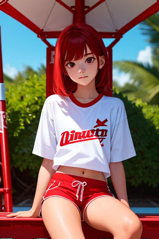 1girl, a girl as a lifeguard, sitting in the sun on a white lifeguard tower, plain white shirt, red shorts, 8k, professionally color graded, depth of field