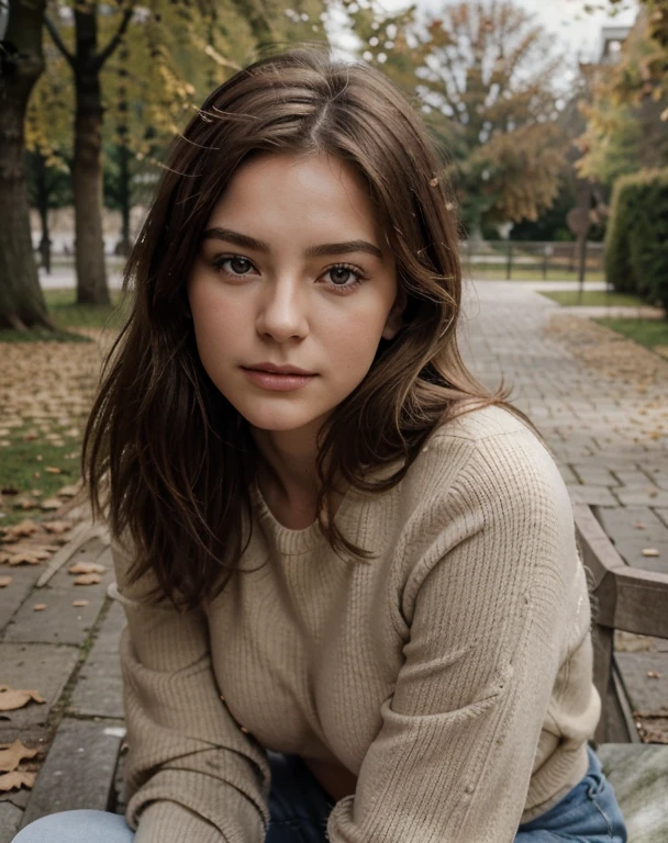 Un portrait réaliste d'a thoughtful girl, cheveux blonds, corps parfait, gros seins nues sous un pull, leve son pull, assis sur un vieux, banc patiné dans un parc calme en automne, leaves scattered around'elle, capturer les émotions nuancées de son visage alors qu'elle regarde au loin, La photographie, pris avec un objectif portrait (85mm f/1.4) to highlight facial details and depth of field, utiliser la lumière naturelle pour une atmosphère chaleureuse et introspective