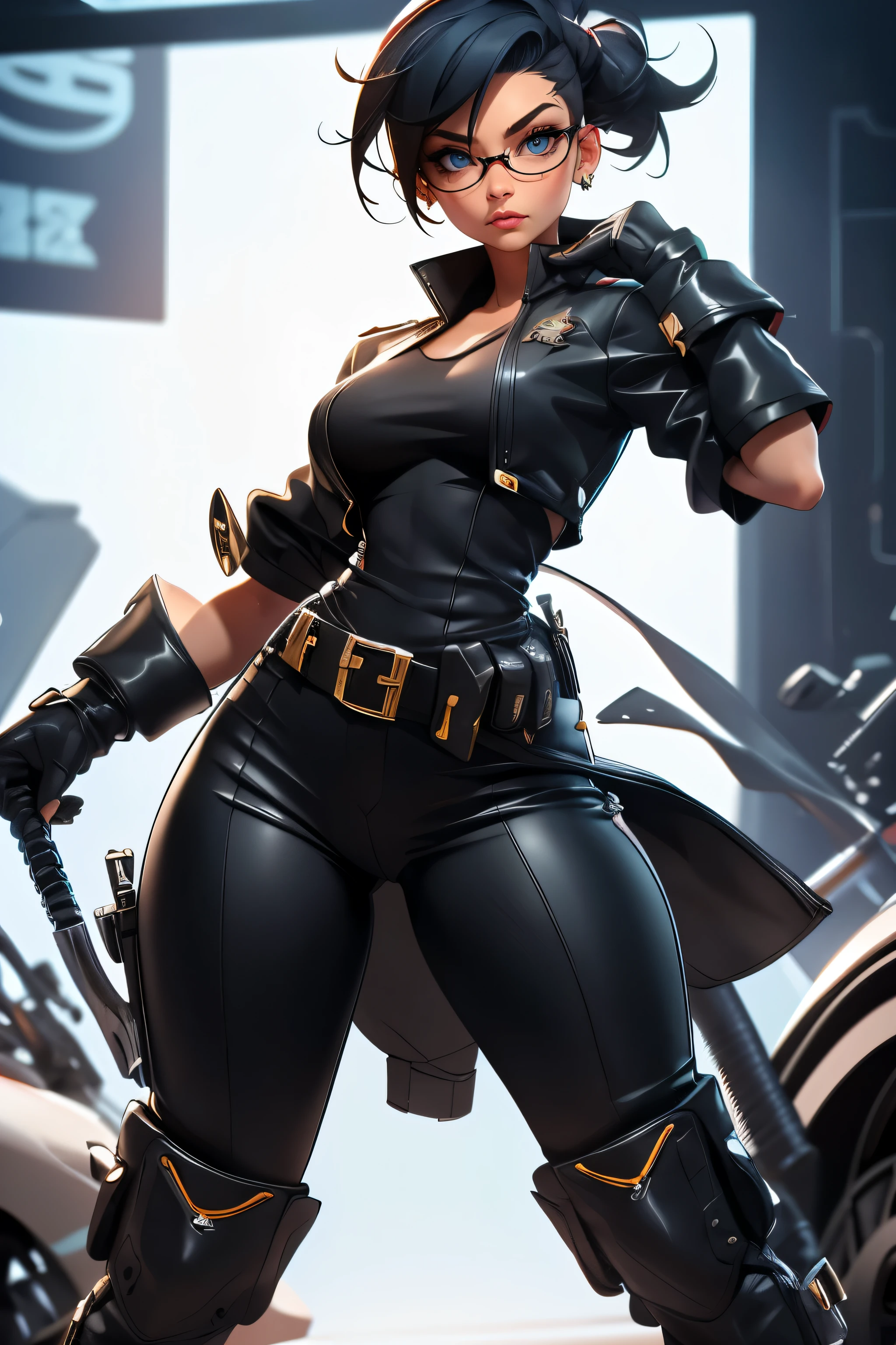 Wide angle shot, full body image, beautiful female street fighter, wearing large glasses, black undercut hair, wearing large steel gloves