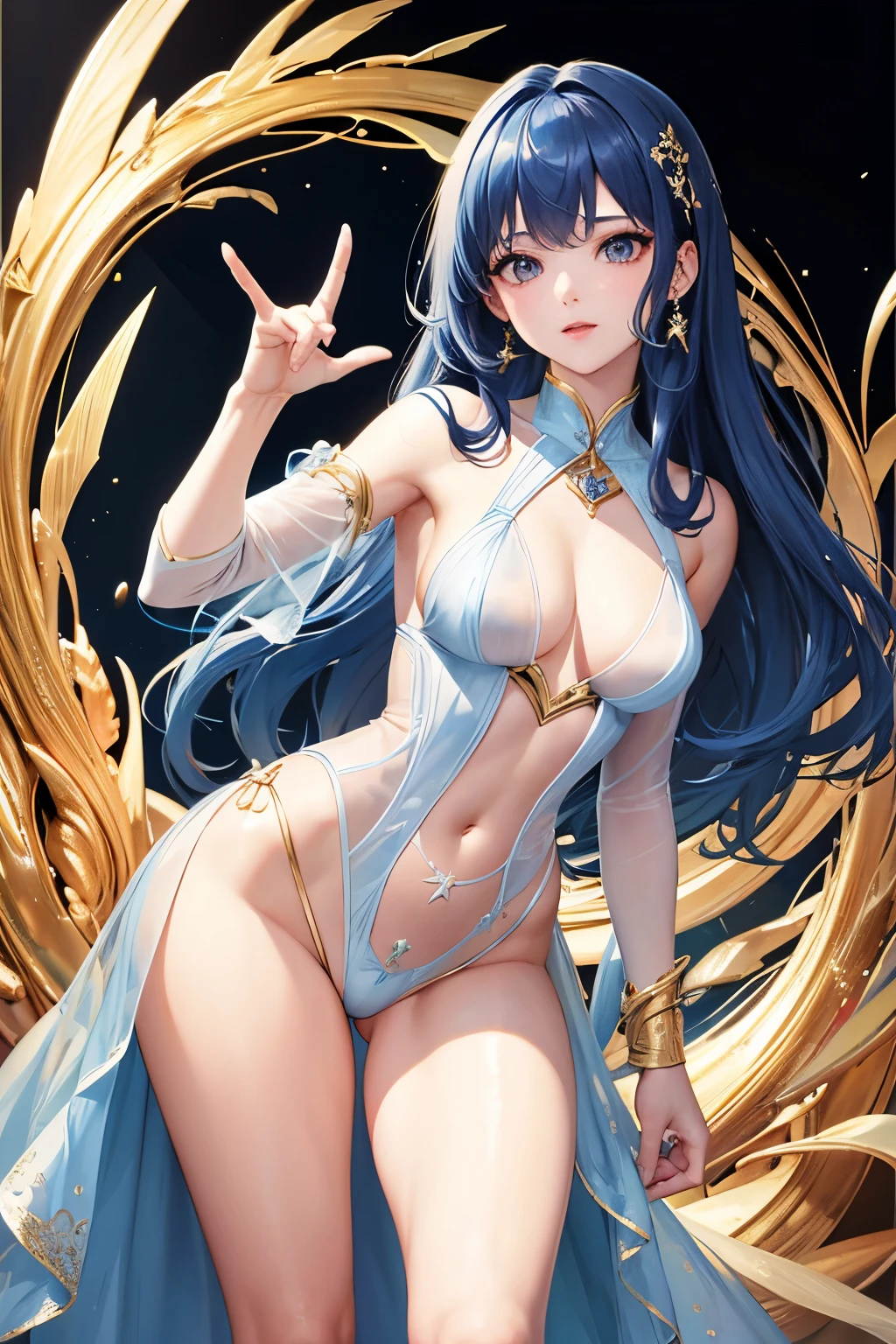 (((highest quality、masterpiece、normal body、8k、detailed face、ultra precision、normal hand、normal finger、5This finger、supreme)))Golden blue hair、Colorless see-through diver suit、Colorless, see-through costume、risqué、I can't see it even though I can see it