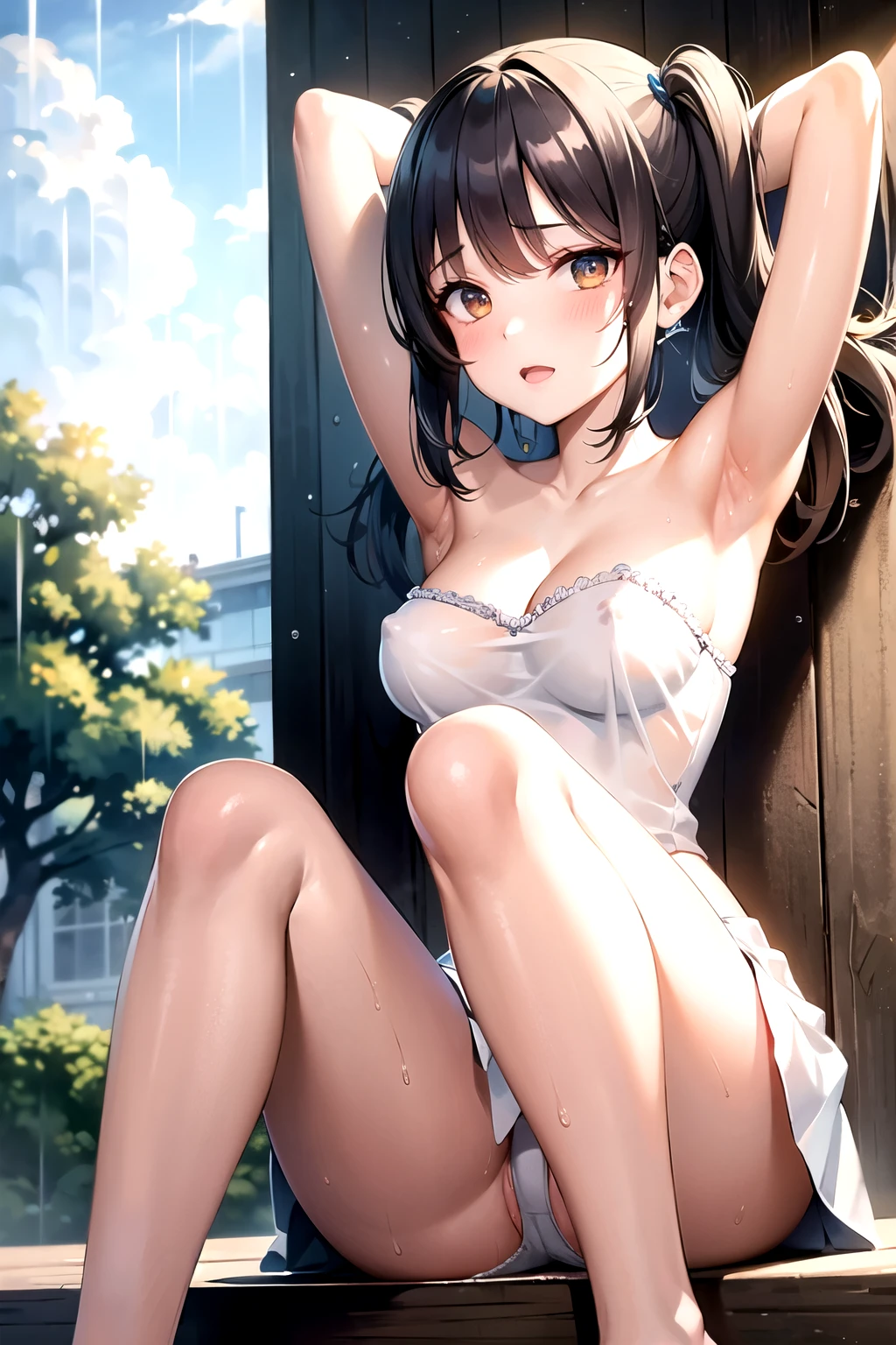 realistically, 1 girl, Twintail hair, brown eyes, glowing eyes, white short skirt, Blush, daytime, Wet from the rain, see through, Knee hug, Strapless shirt, nipples, Sit with your knees raised., armpit, cleavage, panty, outdoor, 18 years old, pussy reveal, crotch, undressing