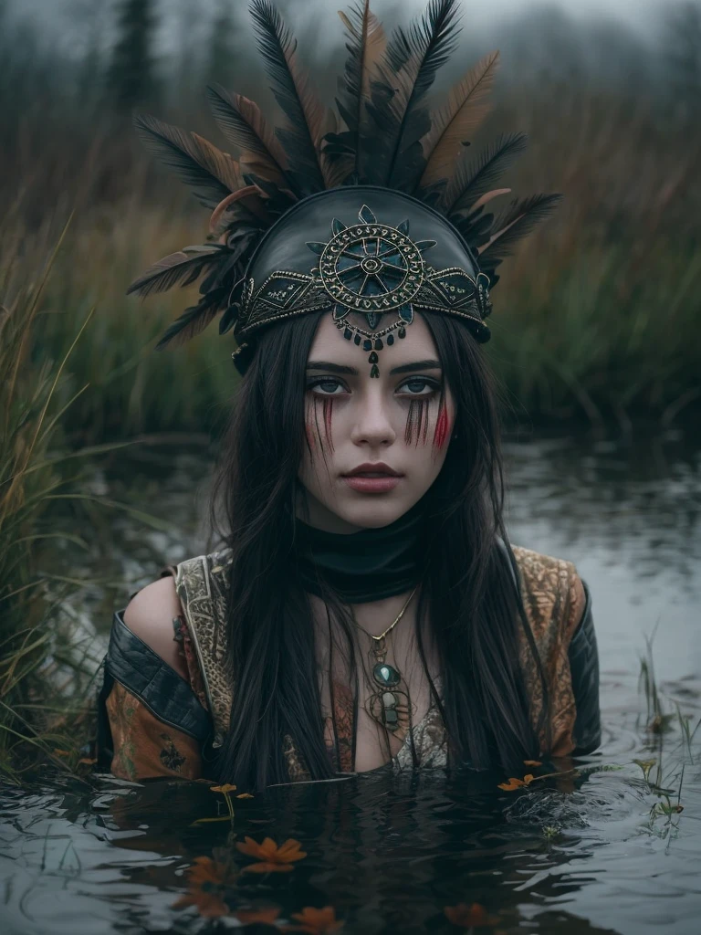 female drowns in the middle of the bog.(tortured by lust),(gloomy ecstasy),headdress,traditional indigenous accessories, skirt,Stockings with garters,(leather jacket),(turtleneck),