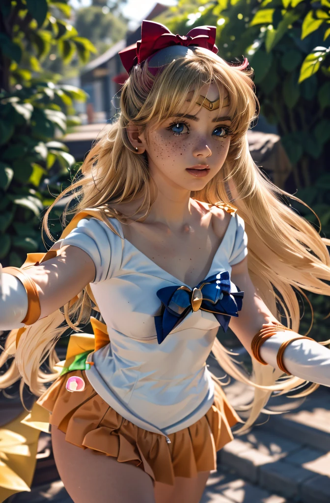 (masterpiece, best quality, high resolution:1.2), (seductive pose:1.2), (dynamic angle), detailed background,
casual photography, HDR, natural light, (anti-aliasing:1.2), elegant, soft scattered light, realistic proportions, limited palette, backlit, accent lighting, (neutral colors:1.3), cross process, cinematic lighting, coherent light, coherent shadows,
detailed face, detailed eyes, detailed skin, extremely detailed, intricate details, 1girl, zh_mushyee_normalgirl, solo, long hair, tattoo, realistic, freckles, lips, looking at viewer, zh_mushyee_cosplaygirl,  sv1, sailor senshi uniform, orange skirt, elbow gloves, tiara, orange sailor collar, red bow, orange choker, white gloves, jewelry, pleated skirt, bow