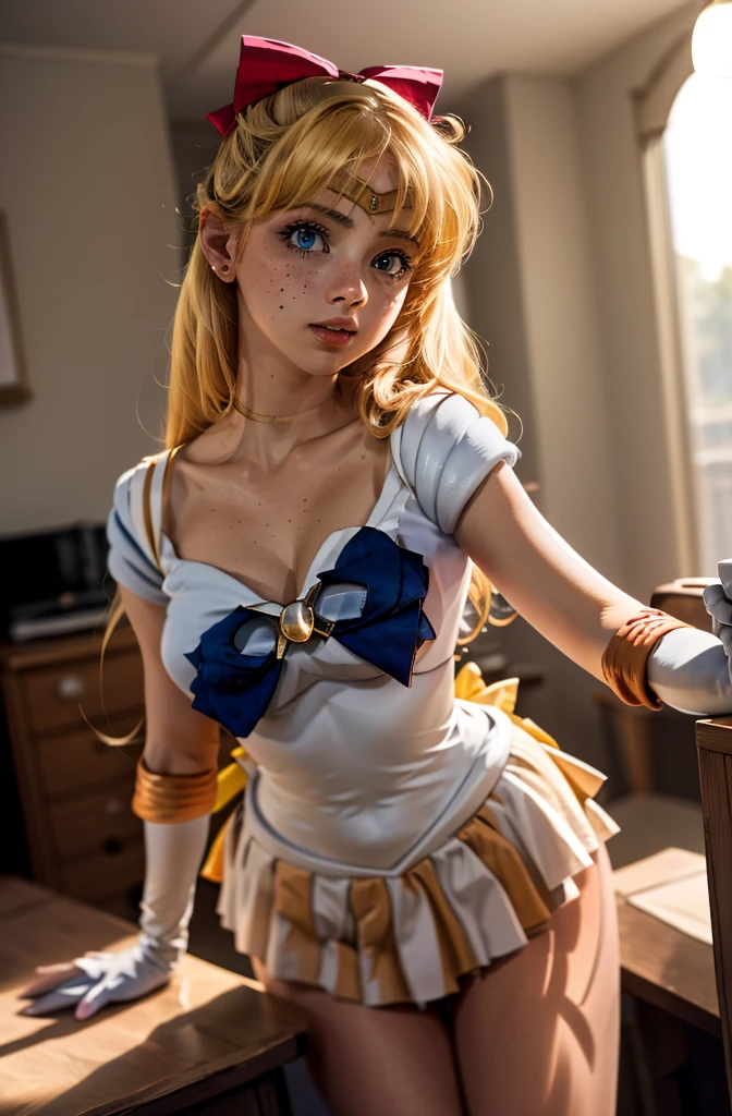 (masterpiece, best quality, ultra high resolution, 16k, absurdness:1.3), 1girl, (sexy, beautiful woman, perfect face, perfect eyes, perfect female body, ultra huge breasts:1.5, realistic nipple:1.25, ((blonde hair:1.1, double bun:1.15, twin tails:1.1, parted bangs, circlet, jewelry, earrings, choker, red bow, white elbow gloves:1.1, blue skirt:1.15, red boots with white trim)), (lay down and open legs to viewer:1.55, ultra realistic tongue out:1.55), (inside realistic abandoned building:1.2, dark atmosphere:1.5), (overhead view:1.15), perfect lighting,