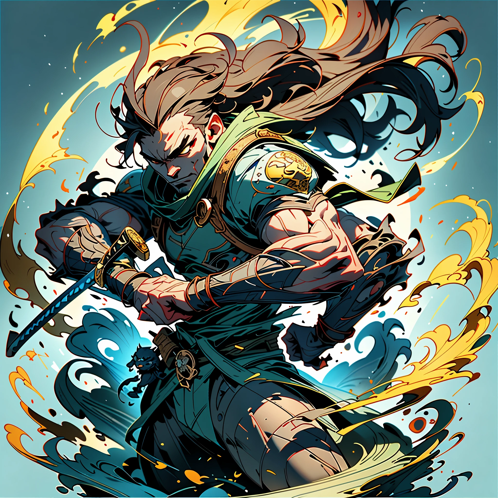 A man carrying akatana ,blue katana, high quality wallpaper, dynamic lighteffect, highly detailed, masterpiece, high resolution, award-winning