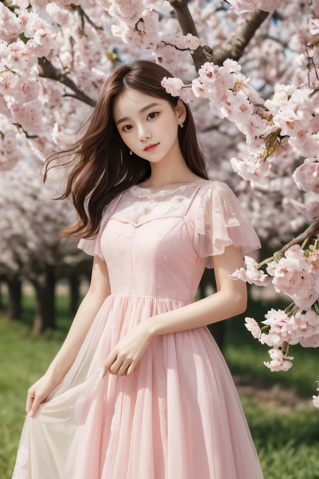 masterpiece, best quality, 8 thousand, 24 years old, photo beast, absurd, award-winning portraits, pure, korean beauty, Elegant and vibrant pink dress, spring, orchard in bloom, laces, cute, right, healthy, Beloved, perfect hands,
