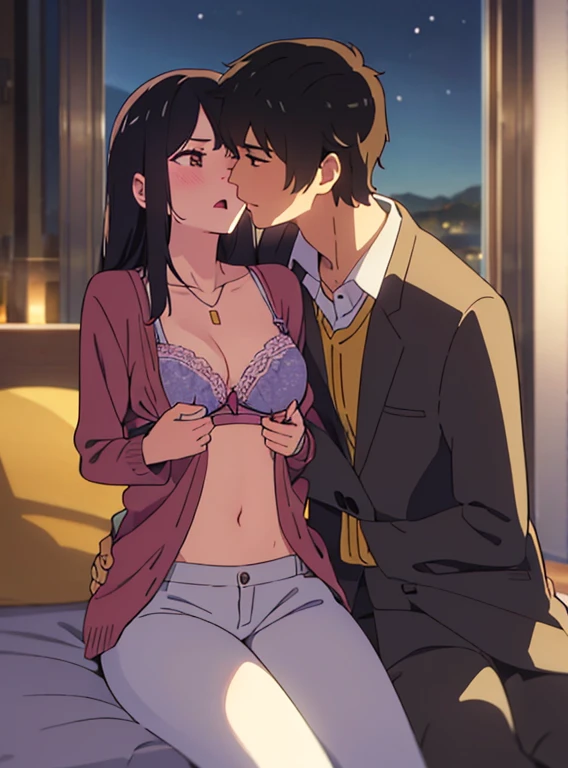 1middle age man, wrinkle face, black hair,bangs swept to the right side, Middle aged man behind girl, touching chest, biting shoulders, breatsgrope from behind, grab, grabbing chest,chestgrab behind back, removing bra, hold bra, hug back, hugging, neck kiss, 1girl, black hair, waterfall braid, red ribbon, long hair, brown eyes, blue star necklace, light cardigan pink, open shirt, yellow shirt open shifrt, navel, white bra, white pants, cute, open mouth, full body, long sleeves, cowboy shot, masterpiece, on a dating, blushing, bedroom, night, sit on bed