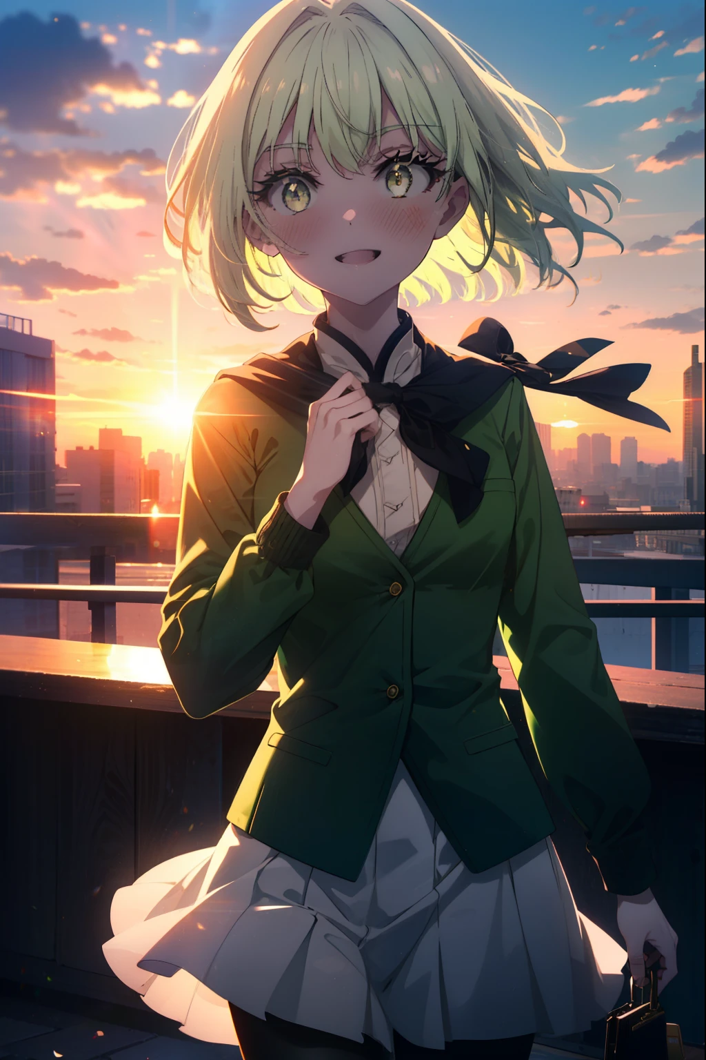 highgoblinarcher, high goblin archer, long hair, (green eyes:1.5), bow, hair bow, black bow, side lock, green hair, pointed ears, happy smile, smile, open your mouth,goblin,White Y-shirt,Green Blazer,Pink cardigan,Green pleated skirt,white pantyhose,brown loafers,walking,sunset,evening,The sun is setting,
break outdoors, In town,building street,
break looking at viewer, (cowboy shot:1.5),
break (masterpiece:1.2), highest quality, High resolution, unity 8k wallpaper, (figure:0.8), (detailed and beautiful eyes:1.6), highly detailed face, perfect lighting, Very detailed CG, (perfect hands, perfect ???????),