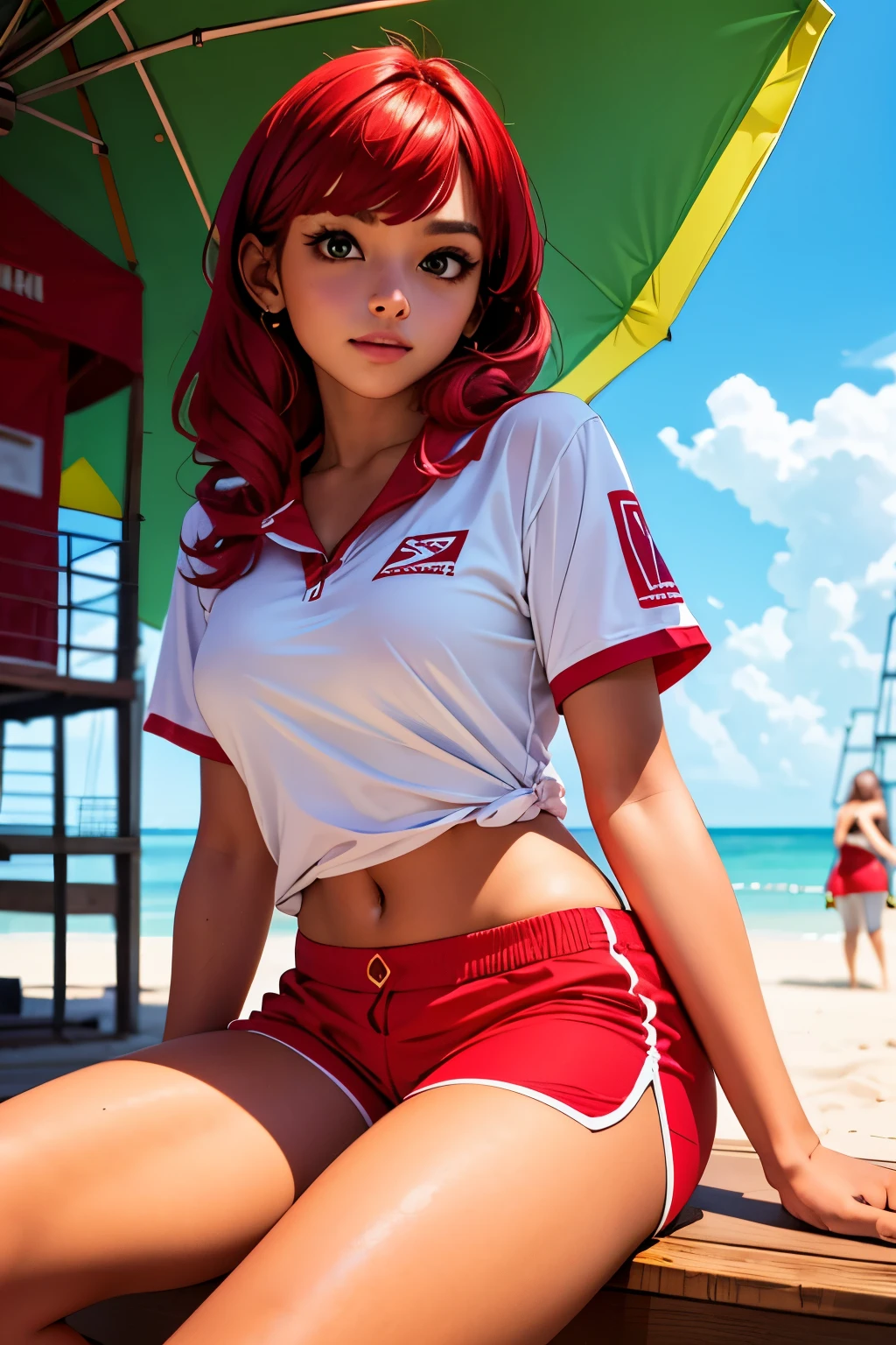 1girl, a girl as a lifeguard, sitting in the sun on a white lifeguard tower, plain white shirt, red shorts, 8k, professionally color graded, depth of field 