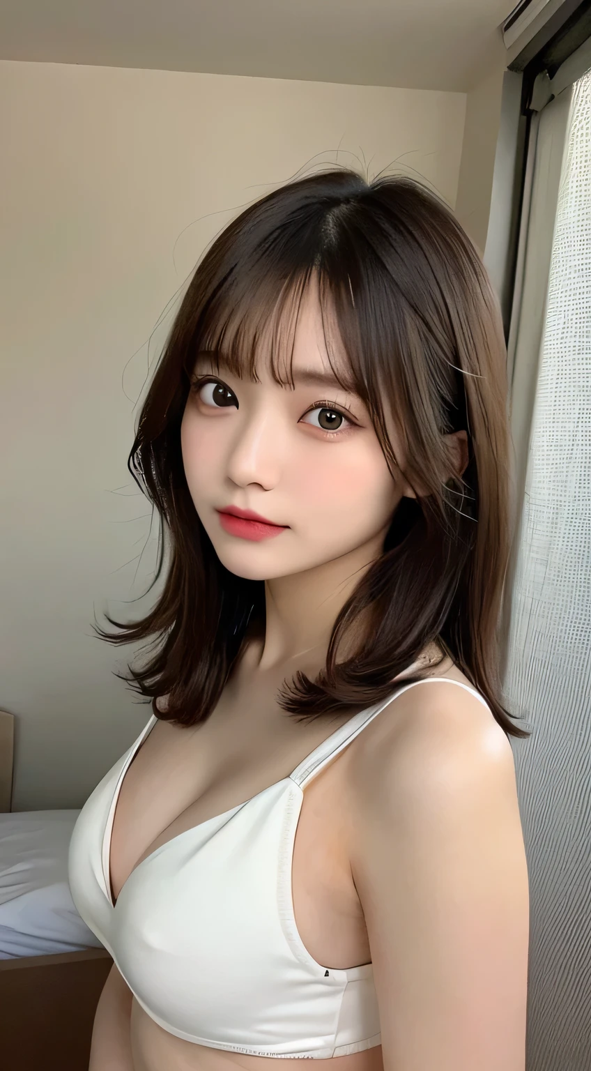highest quality, shape, Super detailed, finely, High resolution, 8k wallpaper, perfect dynamic composition shape, beautiful and detailed eyes, bikini,medium hair,small breasts natural color lip、20 year old girl、cute、sexy shot looking at camera、summer、Transparency、sad face、Bedside、show off your cleavage
