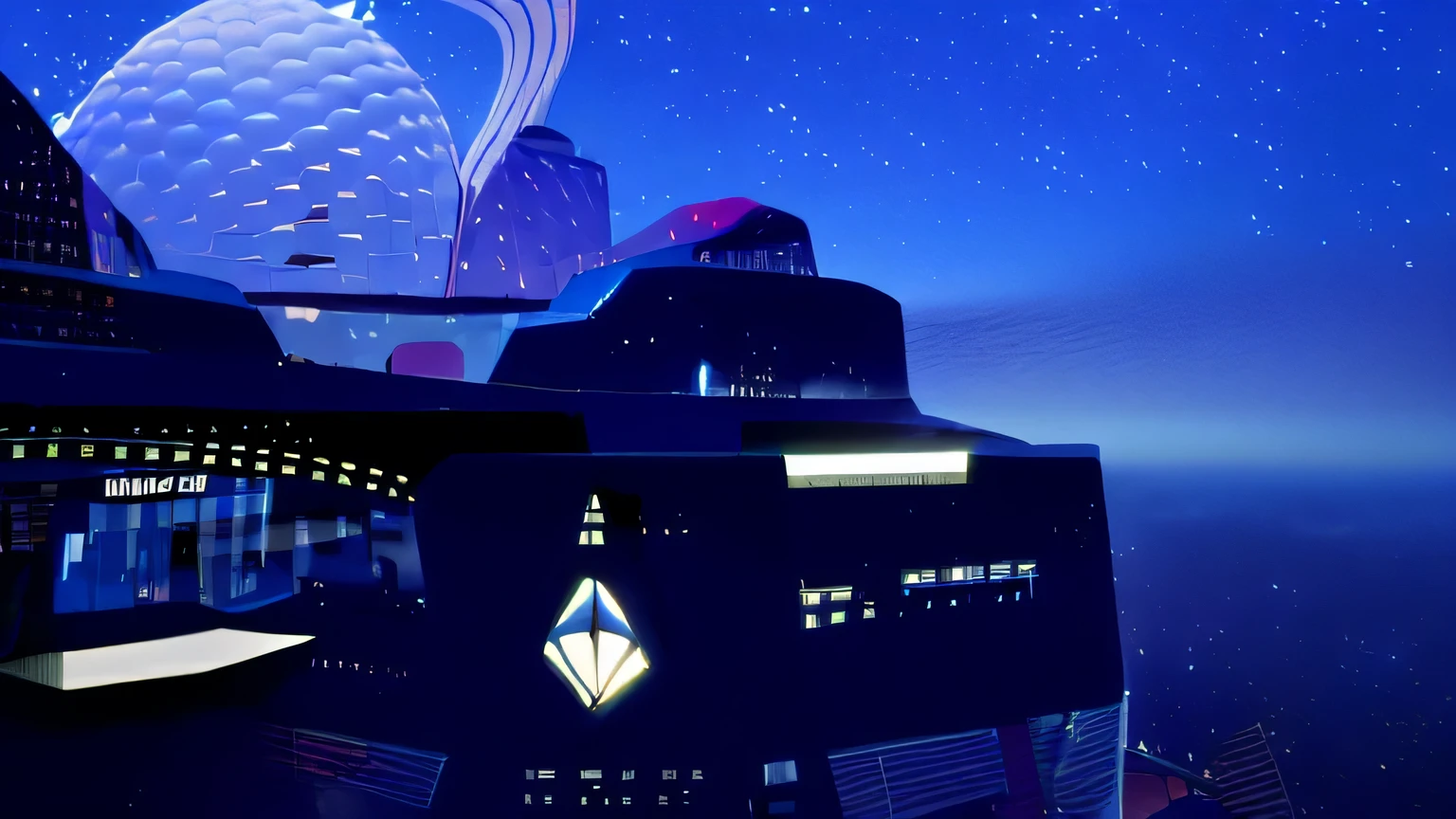 spaceship flying over a futuristic city with a planet in the background, futuristic outpost building, research outpost, research station, gas station in space, futuristic base, symmetrical outpost, space base, spaceport, space port, exterior of scifi temple, no man's sky righteous auditor, scifi setting, hexagonal planetary space base, scifi base, spaceport docking bay at night