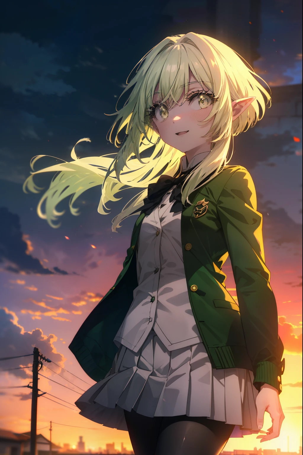 highgoblinarcher, high goblin archer, long hair, (green eyes:1.5), bow, hair bow, black bow, side lock, green hair, pointed ears, happy smile, smile, open your mouth,goblin,White Y-shirt,Green Blazer,Pink cardigan,Green pleated skirt,white pantyhose,brown loafers,walking,sunset,evening,The sun is setting,
break outdoors, In town,building street,
break looking at viewer, (cowboy shot:1.5),
break (masterpiece:1.2), highest quality, High resolution, unity 8k wallpaper, (figure:0.8), (detailed and beautiful eyes:1.6), highly detailed face, perfect lighting, Very detailed CG, (perfect hands, perfect anatomy),