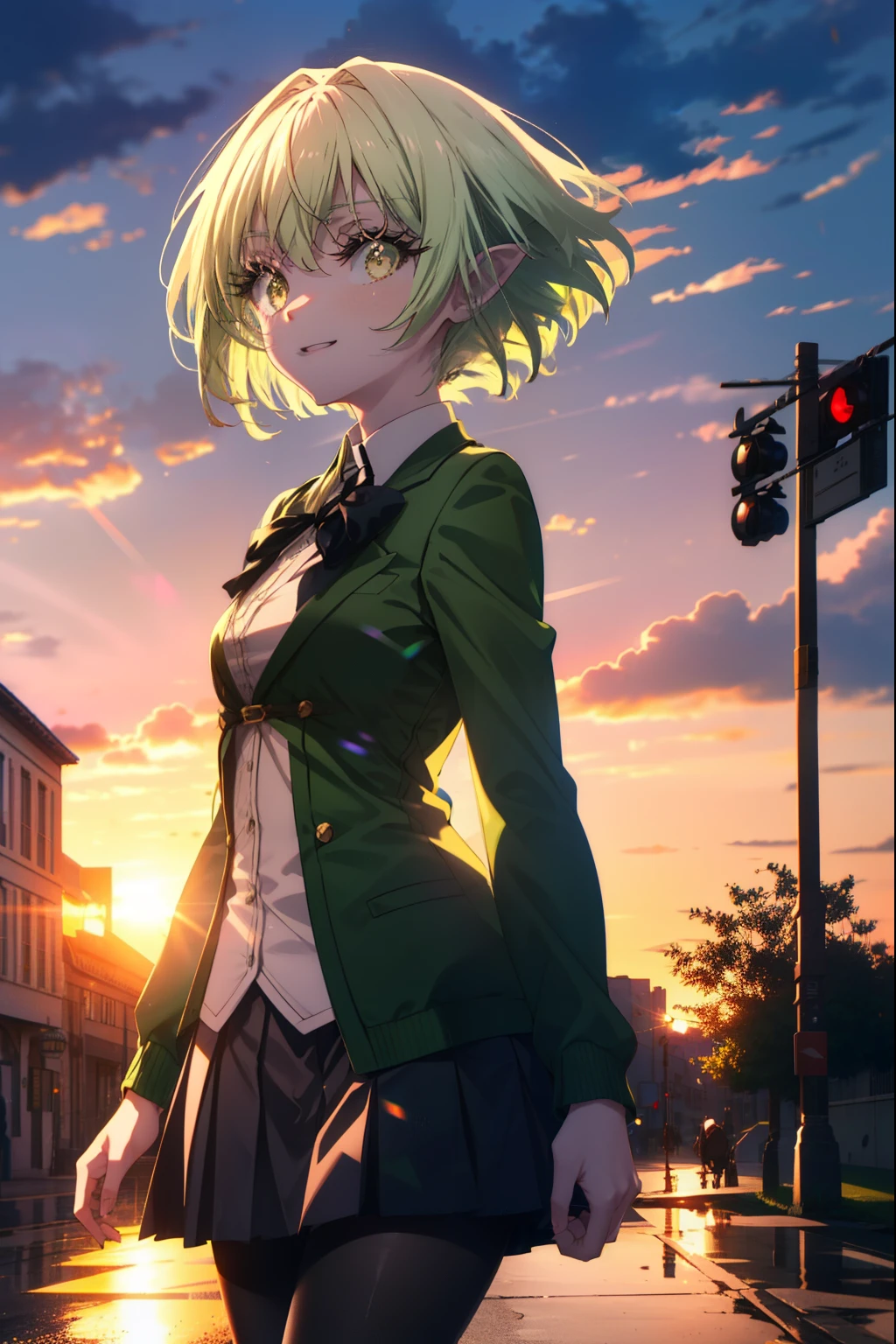 highgoblinarcher, high goblin archer, long hair, (green eyes:1.5), bow, hair bow, black bow, side lock, green hair, pointed ears, happy smile, smile, open your mouth,goblin,White Y-shirt,Green Blazer,Pink cardigan,Green pleated skirt,white pantyhose,brown loafers,walking,sunset,evening,The sun is setting,
break outdoors, In town,building street,
break looking at viewer, (cowboy shot:1.5),
break (masterpiece:1.2), highest quality, High resolution, unity 8k wallpaper, (figure:0.8), (detailed and beautiful eyes:1.6), highly detailed face, perfect lighting, Very detailed CG, (perfect hands, perfect anatomy),