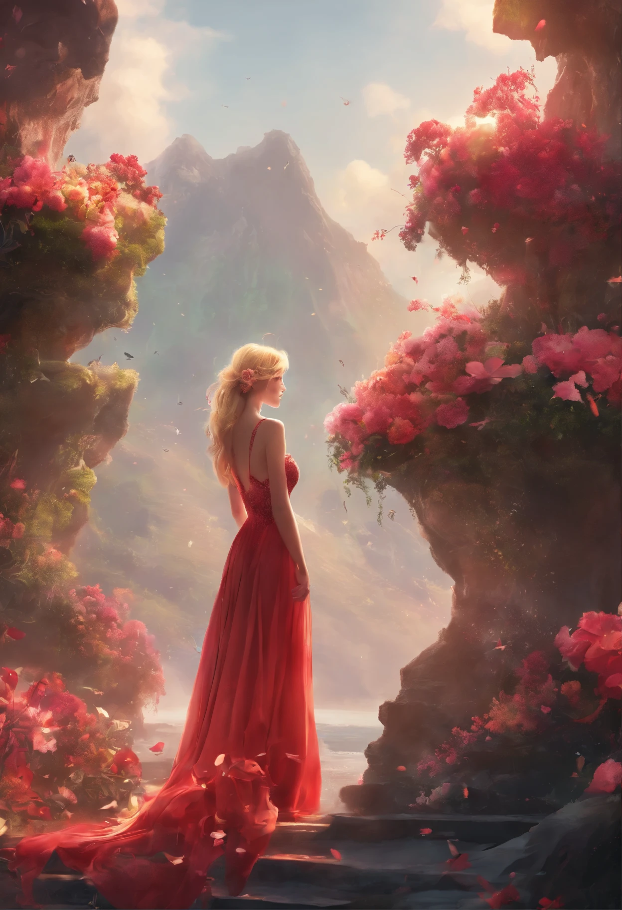 (best quality,4k,8k,highres,masterpiece:1.2),ultra-detailed,(photo-realistic:1.37),soft,gentle lighting, [flowers], [flowing], [beautiful], [passionate], [ethereal], [serene], [dreamy], [elegant], [graceful], [magical], blonde hair, roses in hair, dancing on ocean, sunset, red dress
