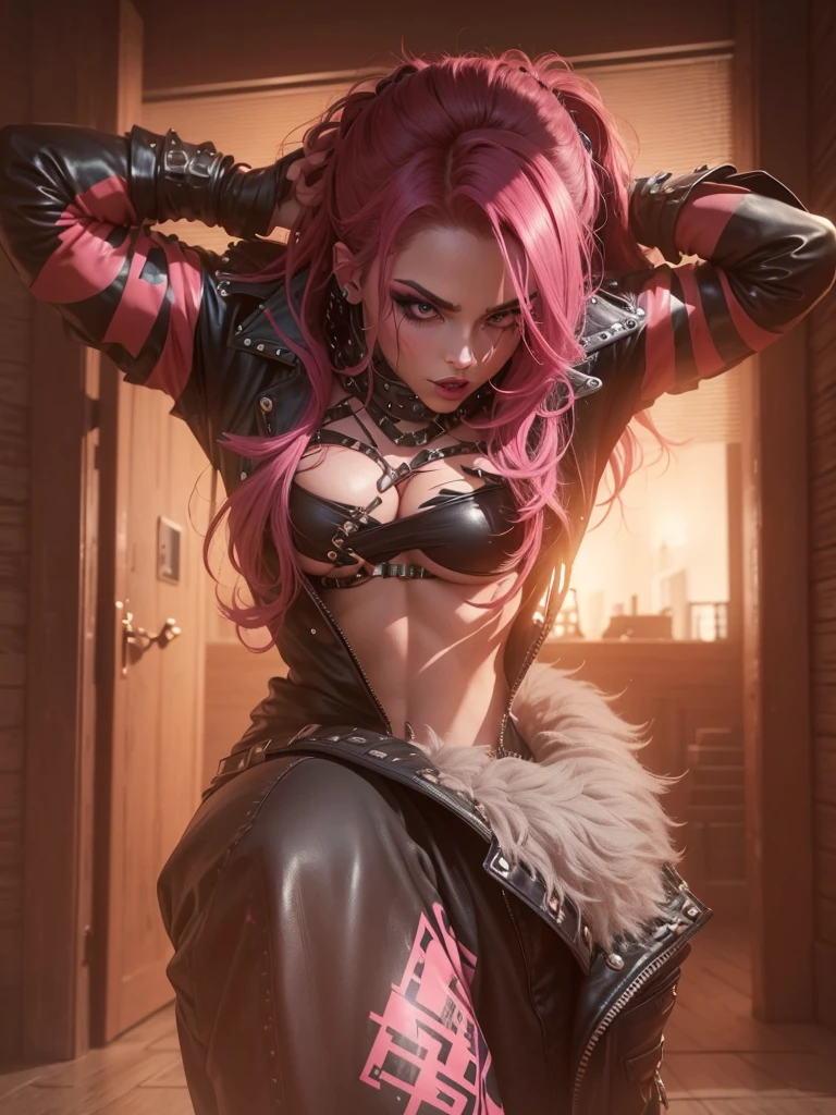 The prompt for the first theme is: (best quality, 4k, 8k, high-res, masterpiece:1.2), ultra-detailed, (realistic, photorealistic, photo-realistic:1.37), beautiful, detailed eyes, detailed lips, extremely detailed eyes and face, long eyelashes, punk style, pink hair, vibrant colors, grungy background, fierce expression, intense gaze, fierce makeup, dark lipstick, studded leather jacket, edgy hairstyle, smokey eye makeup, elegant posture, dramatic lighting.