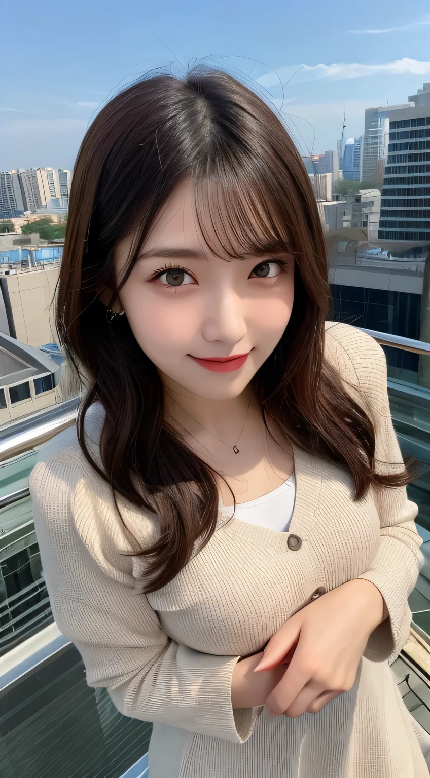 table top, highest quality, shape, Super detailed, finely, High resolution, 8k wallpaper, perfect dynamic composition shape, beautiful and detailed eyes, small breasts, natural color lip, random sexy pose,smile,big city、20 year old girl、midnight、Beautiful and dense face、perfect and beautiful face,Big eyes、real photos(best image quality),one piece(hide the chest)hide the chest、dress(long sleeve)、Jacket、Taken from above the knees(from bottom to top)、The Roof Shibuya Sky top floor background